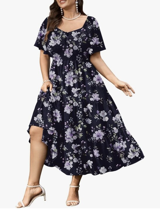 The Unbranded Brand Dresses & Skirts - Plus Floral Maxi Dress in Navy with Lavender Blooms